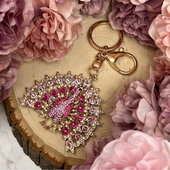 Beautiful Pink Crystal Peacock Keychain Charm - Picture 8 of 14